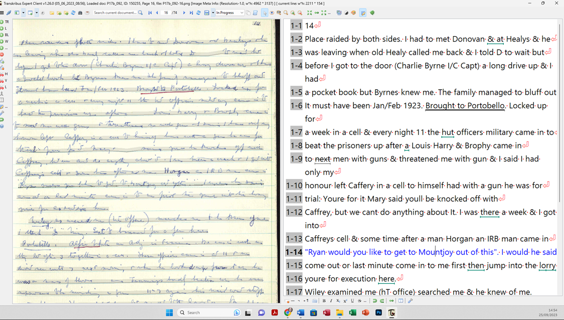 A screenshot of Transkribus software in use showing a page from Ernie O'Malley's notebooks on the left and the transcribed text on the right.