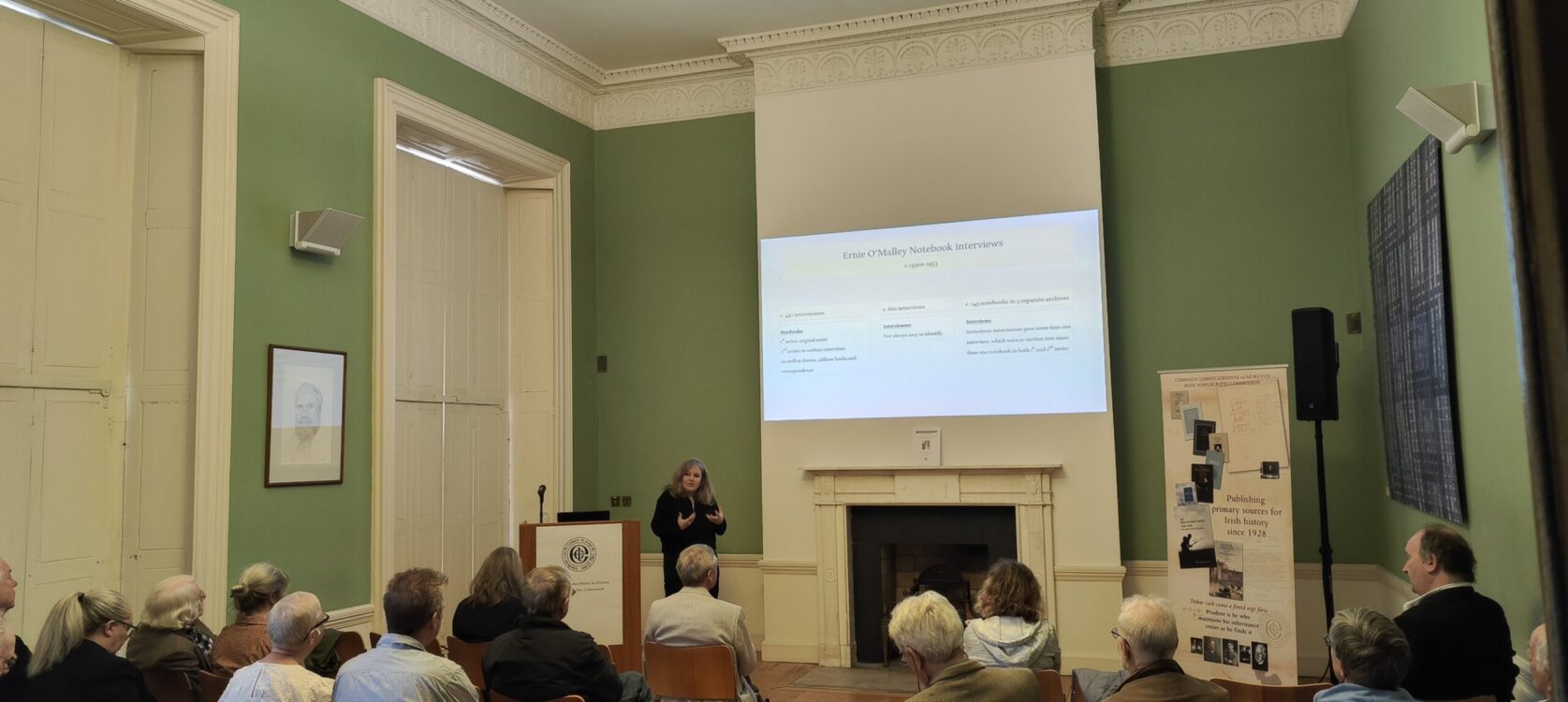 Dr Eve Morrison giving the lecture “Reading the Unreadable – Ernie O’Malley’s notebooks” at 45 Merrion Square