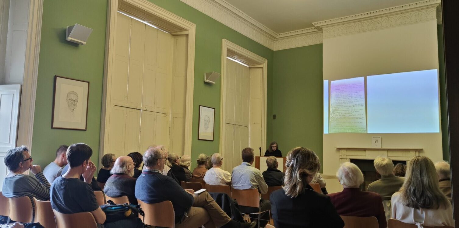 Prof Anne Dolan giving the lecture “Reading the Unreadable – Ernie O’Malley’s notebooks” at 45 Merrion Square